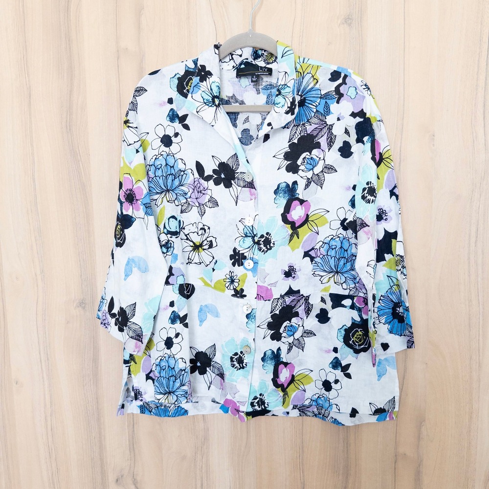 Liv 100%Linen‎ Floral Button Down Shirt S Colorful Boho Lagenlook Garden Artsy